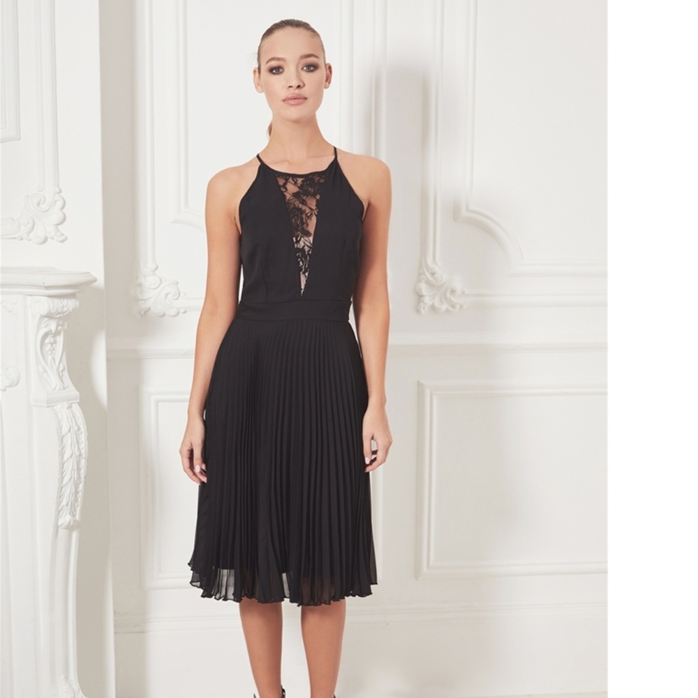 Reuna black halter neck lace bodice skater dress